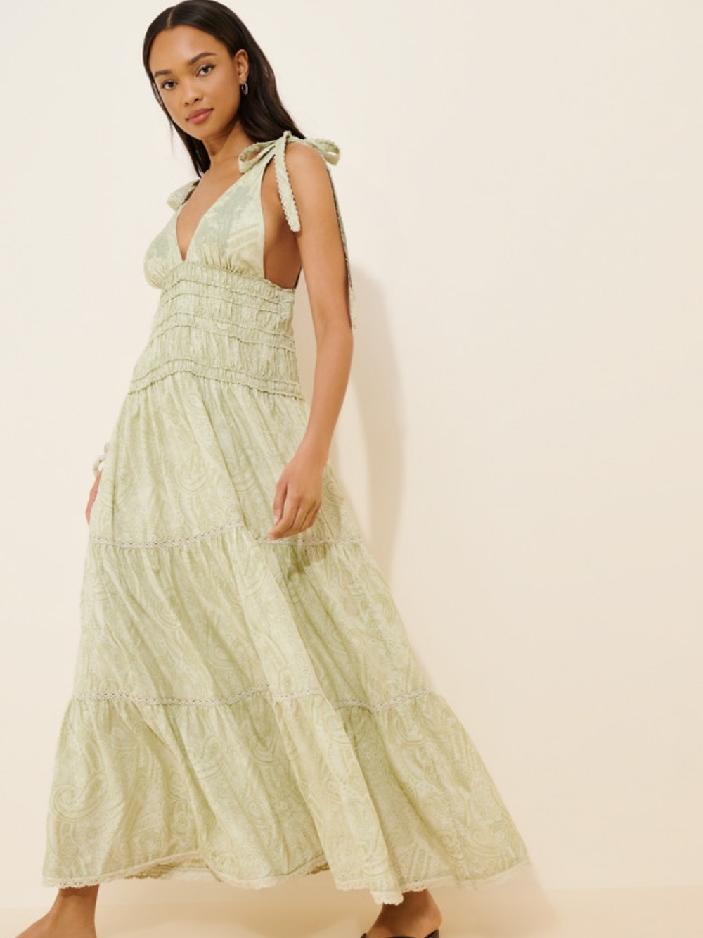 Pinnacle by Shruti Sancheti Sage Green Tie-Shoulder Smocked Maxi Dress
